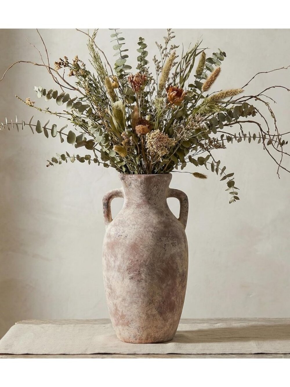 Neutral 12" Ceramic Flower Vase with Handles - Rustic Terracotta Table Decor for